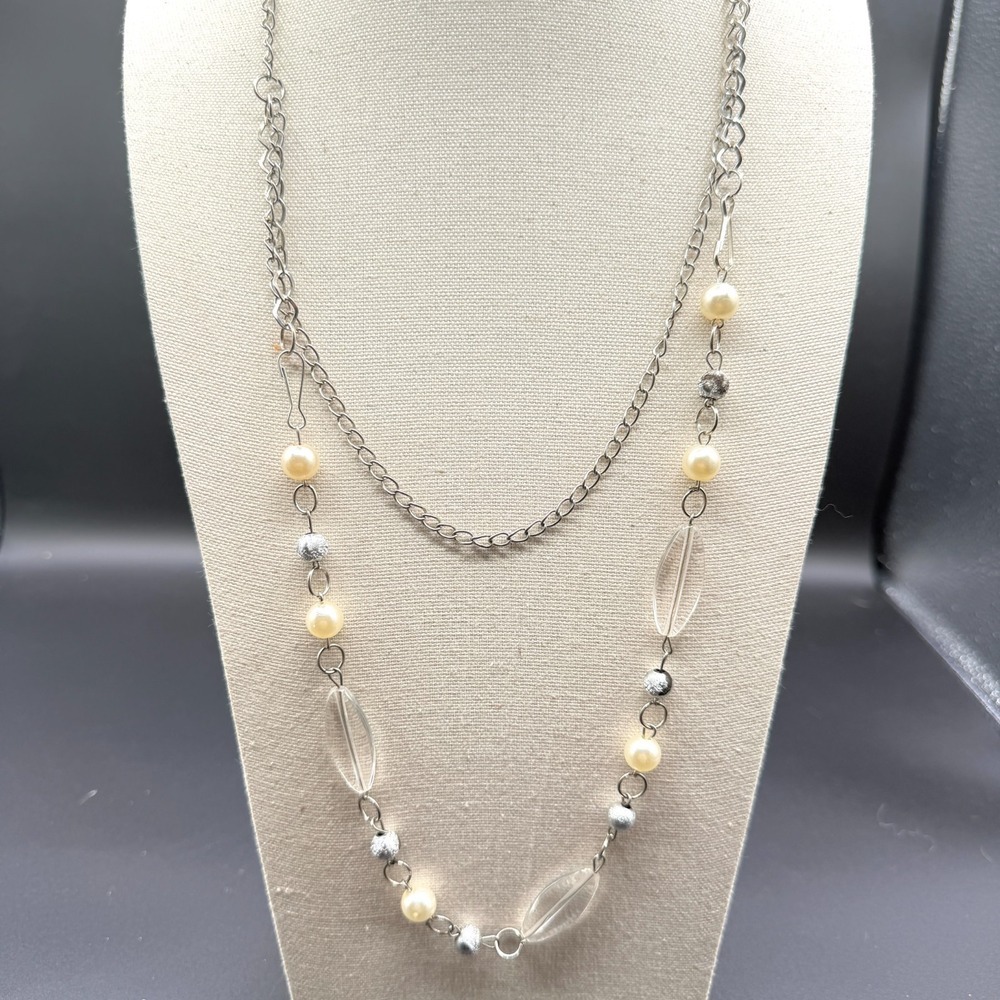 Silver Tone Faux Pearl Clear Bead Long Layering Necklace Y2K Boho Statement